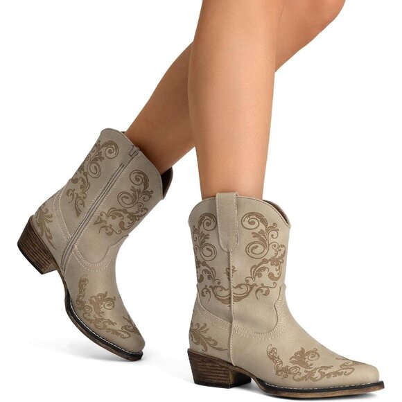 Dream Pairs Women's Beige Western Low Chunky Heels Square Toe Fall Ankle Boots - Picture 7 of 7